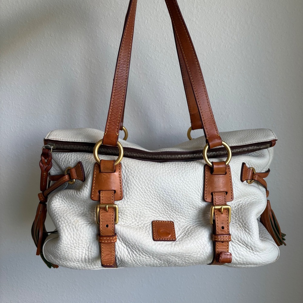 Dooney & Bourke Florentine White Pebbled Leather Brown Vacchetta Leather Trim